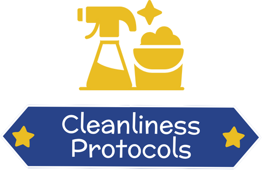 An icon with a spray bottle and bucket of soapy water with the words "Cleanliness Protocols" on it.