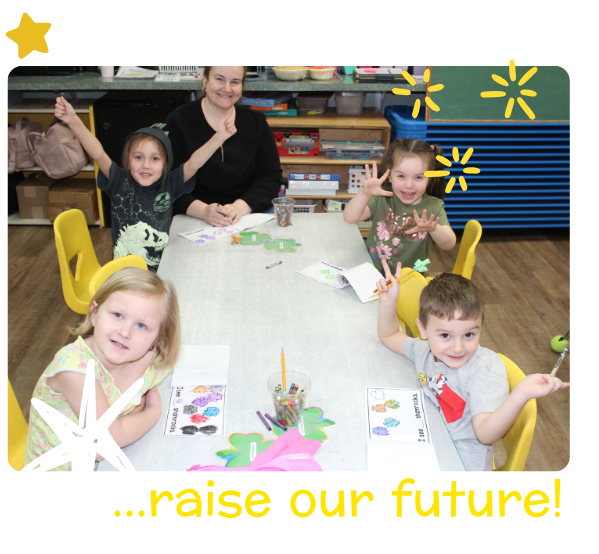 A preschool teacher sitting at a table with four children fingerpainting. 