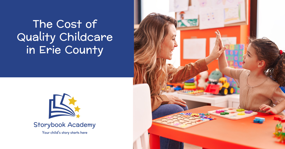A daycare teacher and a child high-fiving over a small red table with games on it.