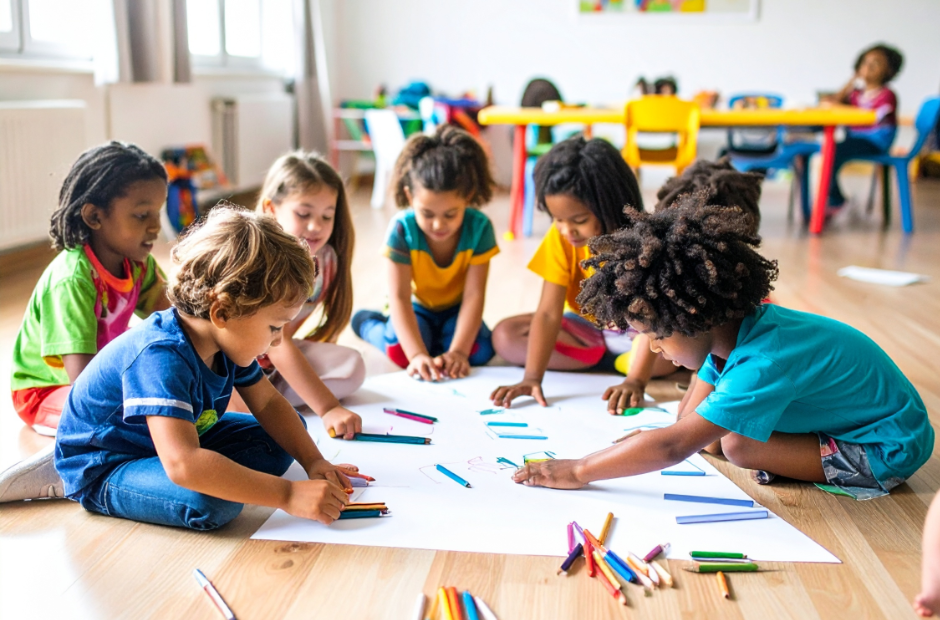 Seven children sitting on the ground coloring on a large sheet of paper.