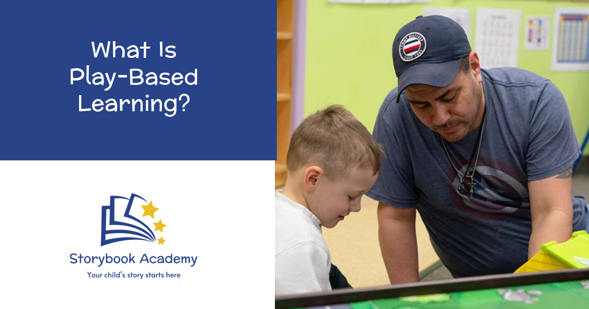 Man playing with a child with "What Is Play-Based Learning?" text.