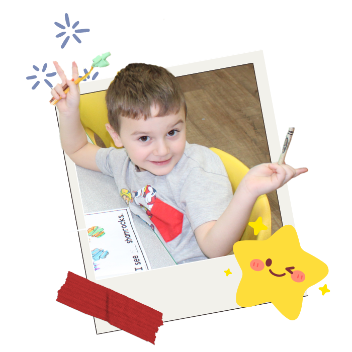A little boy smiling and giving the piece sign with graphics around the image, including an animated yellow star.