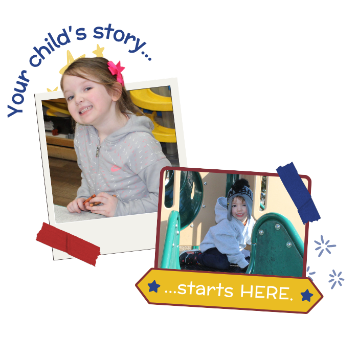 A logo with "Your childs's story..." and "...starts here!" written on it, with two smiling children.