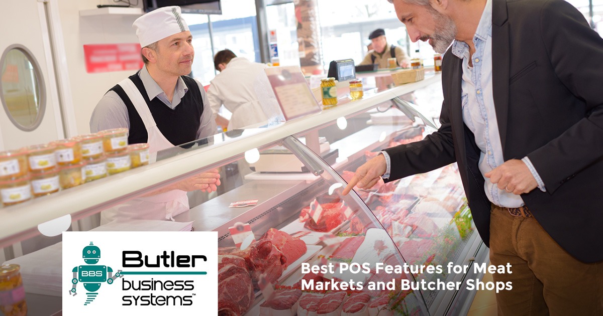 A butcher assists a customer at a meat counter; Butler Business Systems logo and text overlay.