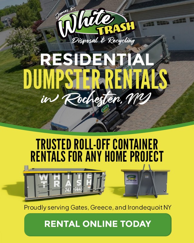 A dumpster truck and containers advertising residential dumpster rentals in Rochester, NY.