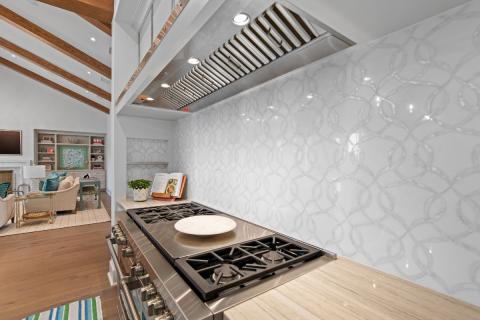 white and grey tile kitchen backsplash