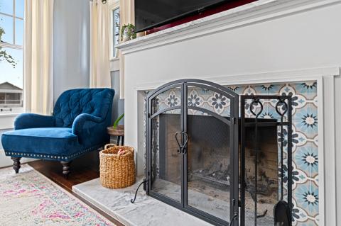 blue patterned fireplace tile