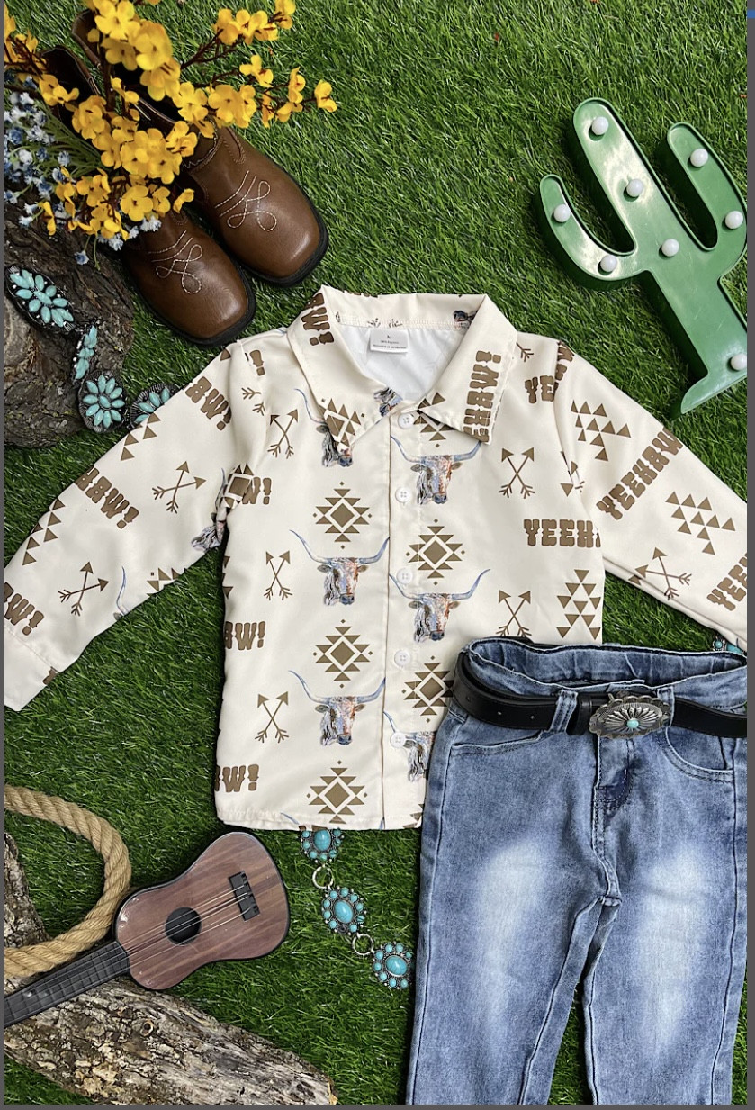 Aztec and cow button up collar shirt