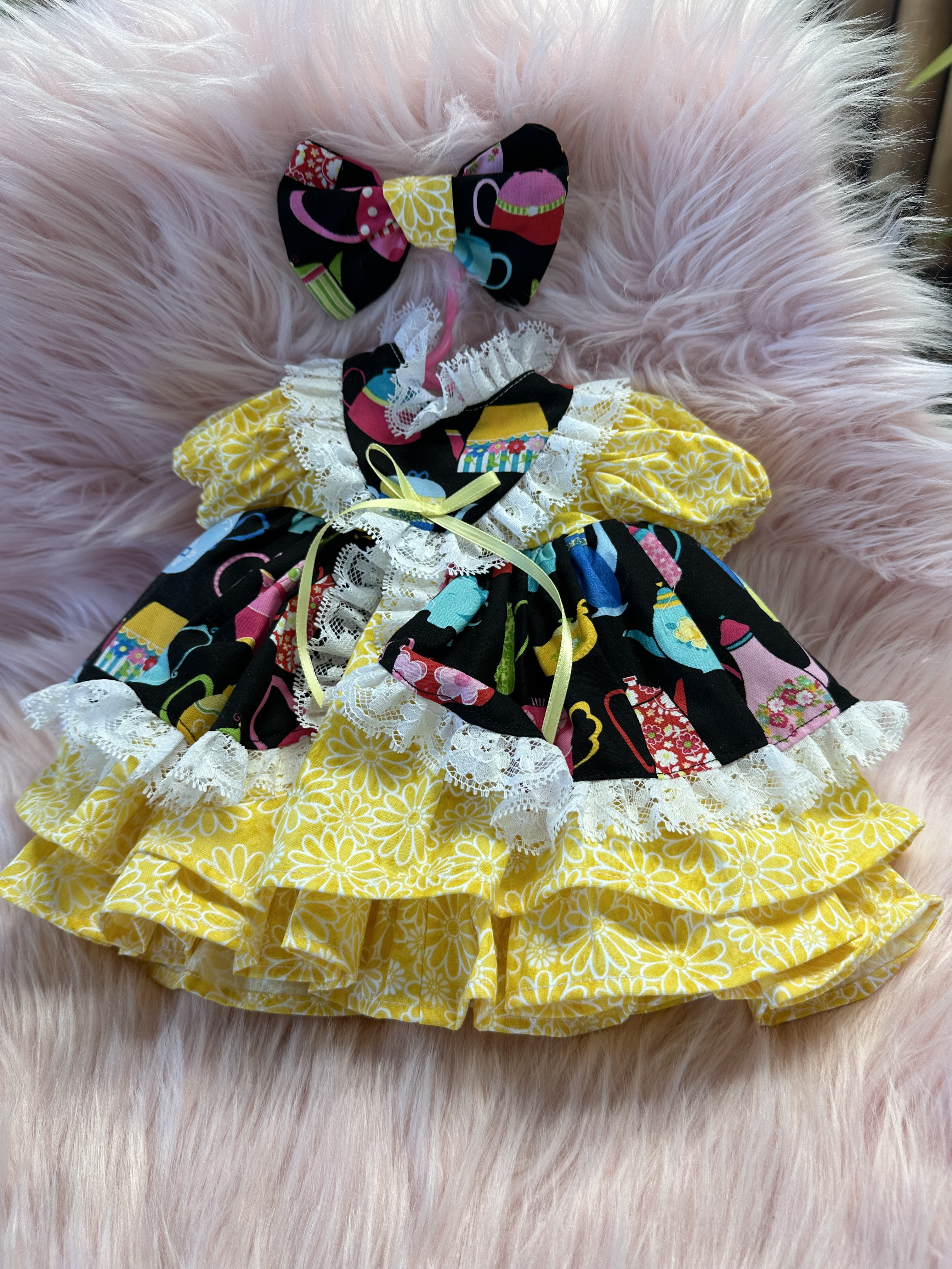Teapot pinafore 3 layer dress  with matching bow