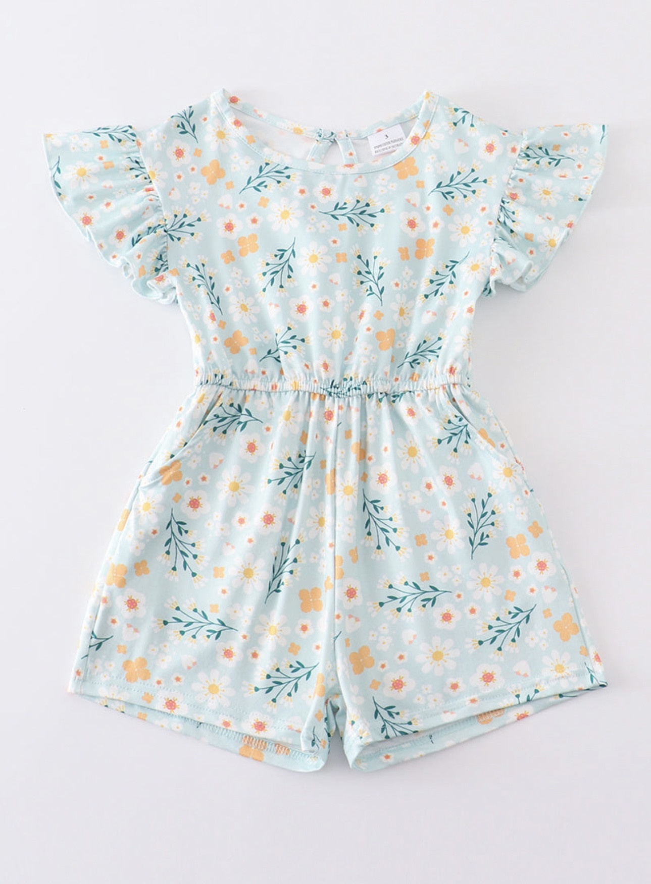Sweet light blue romper with ruffle sleeves and flowers