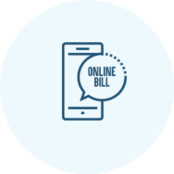 Icon of a smartphone with a speech bubble that says ONLINE BILL on a light blue background.