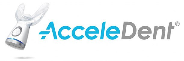 AcceleDent device with a clear mouthpiece next to the AcceleDent logo in blue and gray text.